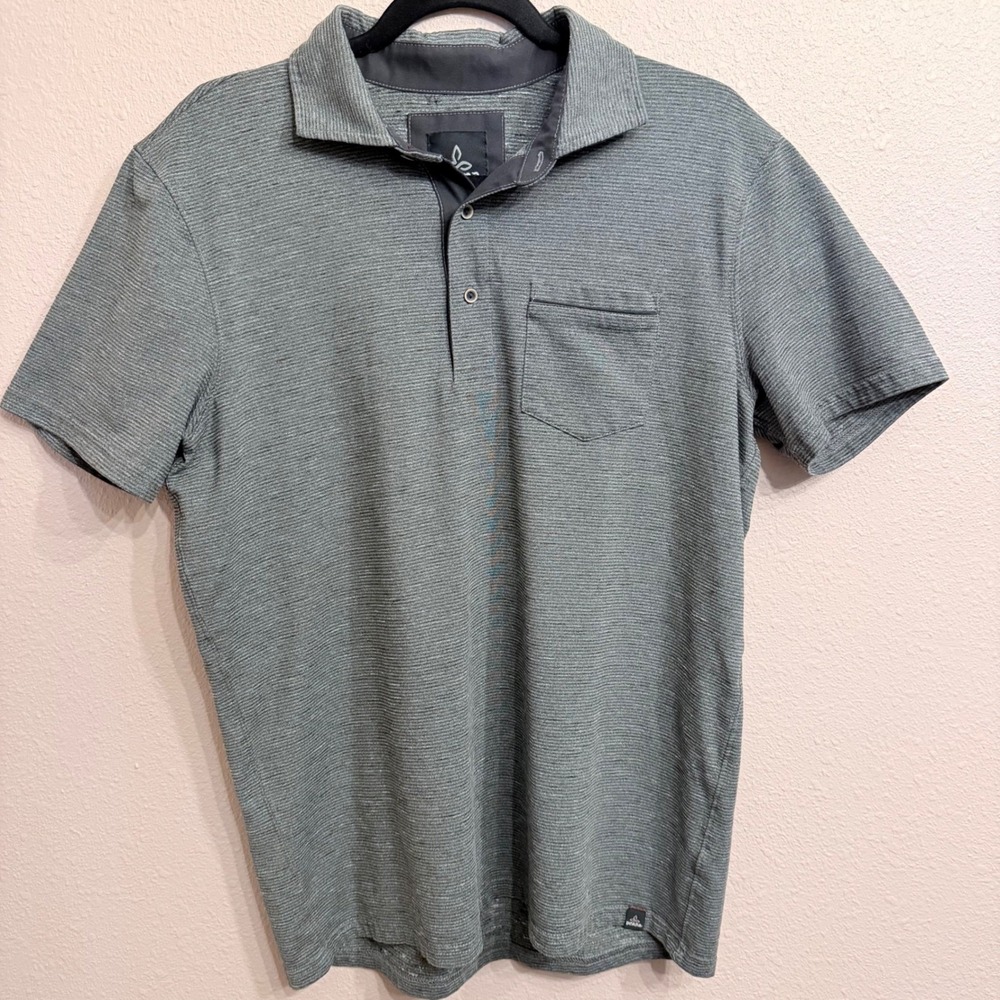 Prana Mens Short Sleeve Polo Shirt Charcoal‎ Grey Striped Pocket Casual Top